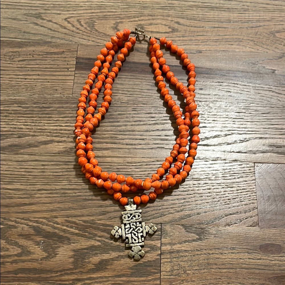 Orange beaded cross necklace GUC